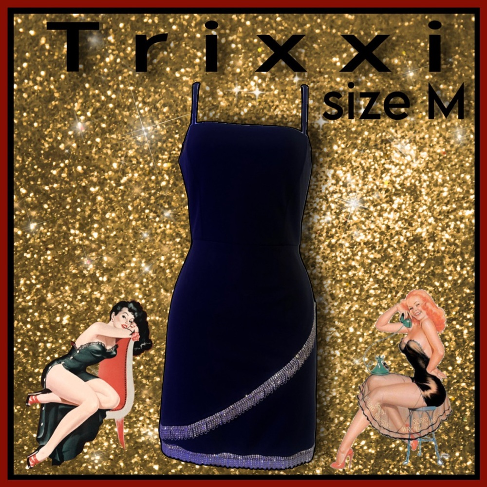 TRIXXI black with rhinestone trim spaghetti strap semi-formal mini DRESS size M